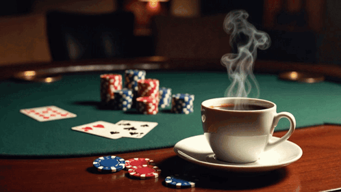 Coffee Cup with Poker Chips and Cards