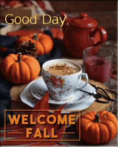 Coffee Cup With Pumpkins and Leaves Good Day Welcome Fall