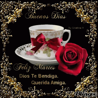 Coffee Cup With Red Rose Saying Buenos Dias Feliz Martes