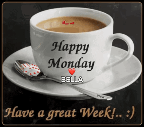 Coffee Cup With Spoon Saying Happy Monday Bella