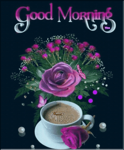 Coffee With Purple Rose Saying Good Morning