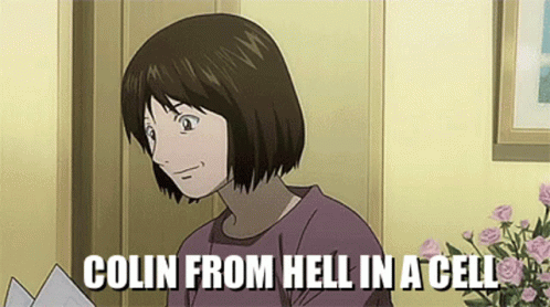 colin from hell in a cell is written above a woman