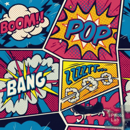 Collage of Comic Book Panels Boom Pop Bang Zzzt
