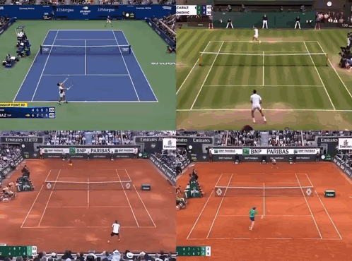 Collage Of Four Tennis Courts With BNP Paribas And Emirates Ads GIF