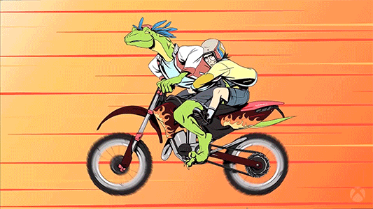 Colored Velociraptor Riding Motorcycle With Man GIF