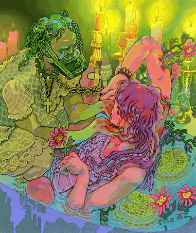 Colorful Animated Couple Caressing In Flowery Tub GIF