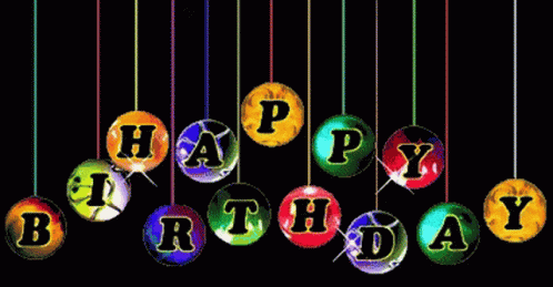 Colorful Balls With The Words Happy Birthday Hanging From Strings On A Black Background GIF