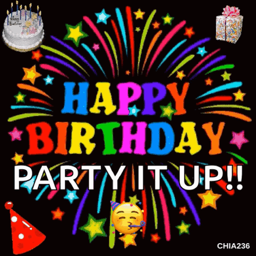 Colorful Birthday Card with Fireworks and Cake