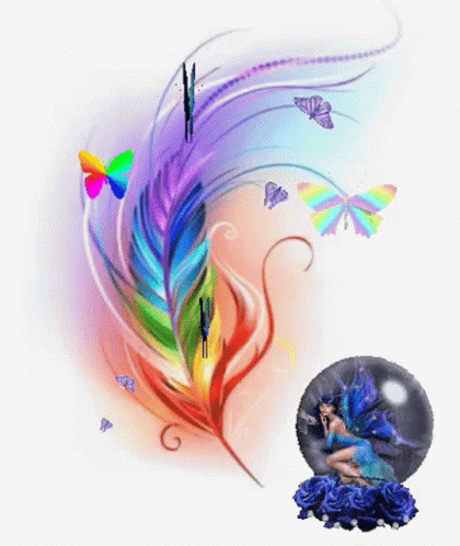 Colorful Feather With Butterflies And Fairy GIF
