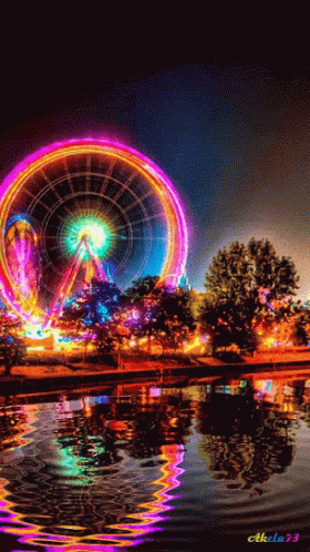 Colorful Ferris Wheel Reflected In Water At Night GIF
