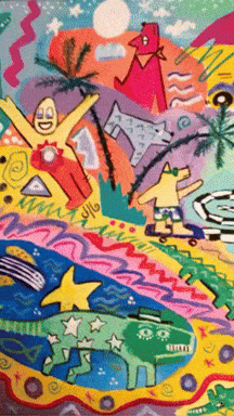 Colorful Painting Man Riding Skateboard With Dog and Car