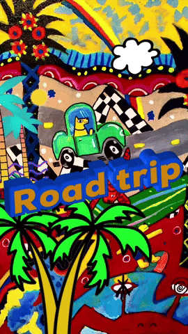 Colorful Road Trip Painting With Green Car