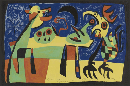 Colorful Rooster and Bird by Miró