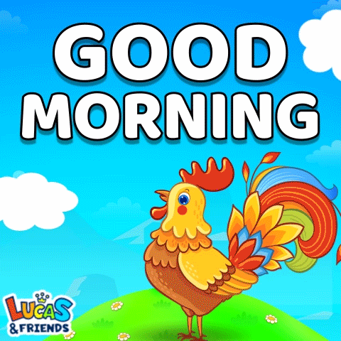 Colorful Rooster Saying Good Morning Lucas & Friends GIF