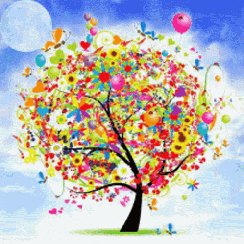 Colorful Tree With Balloons And Flowers GIF