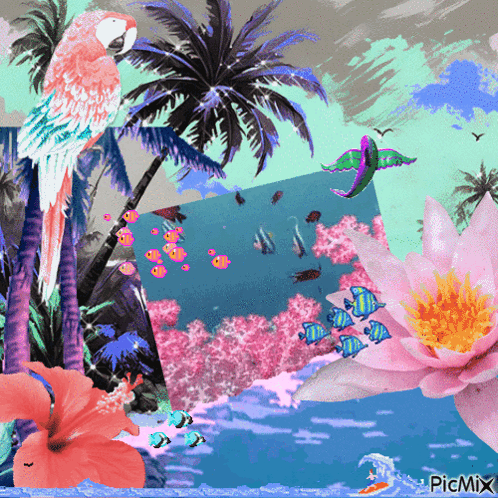 Colorful Tropical Flowers And Birds Picmix Collage GIF