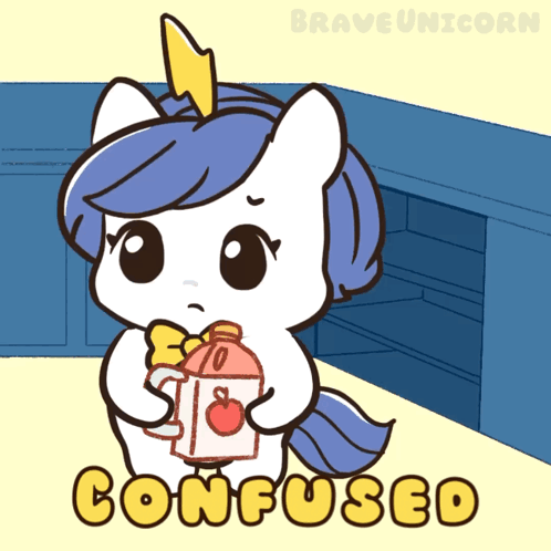 Confused Unicorn Holding Apple and Bottle