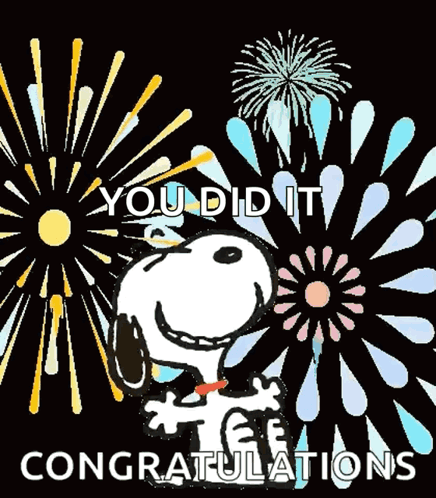 Congratulations Card With Snoopy in Front of Fireworks