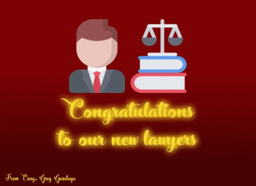 Congratulations To Our New Lawyers With A Man And Books On A Red Background GIF