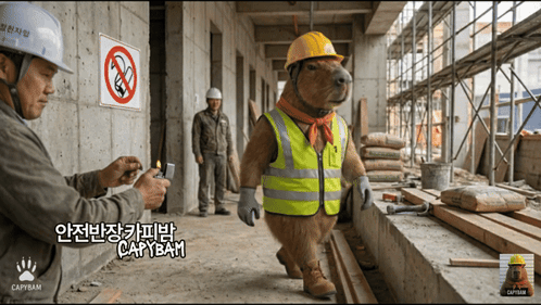 Construction Worker Lighting Lighter Next to Capybara in Hard Hat and Vest