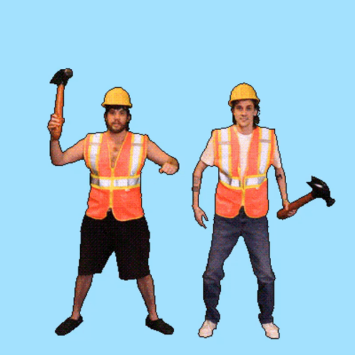Construction Workers in Orange Vests Holding Hammers