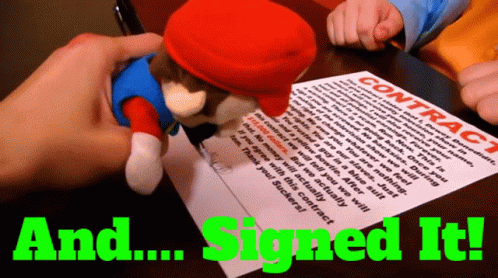 Contract Signing Super Mario Logan Plush Toy GIF
