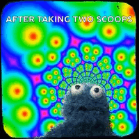 Cookie Monster Looking At Colorful Background Saying After Taking Two Scoops GIF