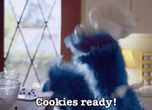 Cookie Monster Says Cookies Ready in Front of Window