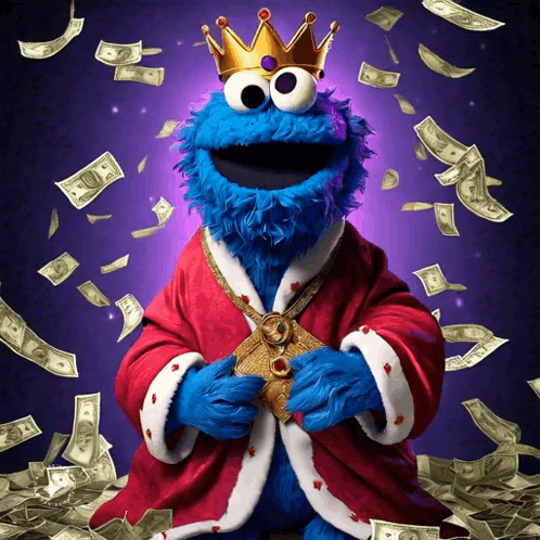 Cookie Monster Wearing Crown With Dollar Bills