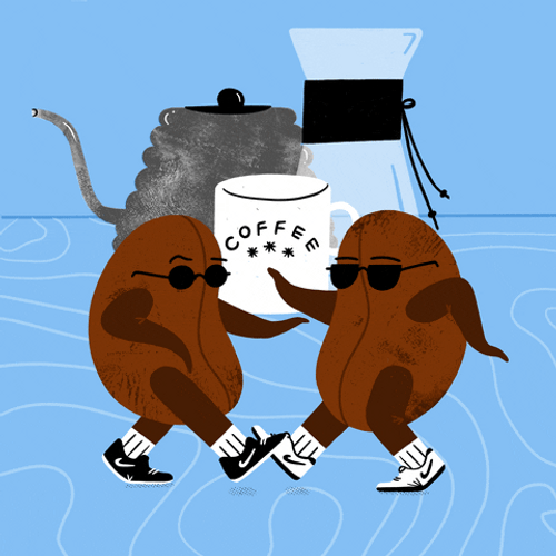 Two Coffee beans dancing comically - Depicting customers can bring their own coffee beans for the BYOB coffee beans and we will turn it into a beautiful happy cup of coffee.