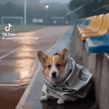 Corgi in Raincoat on Bench in Rain