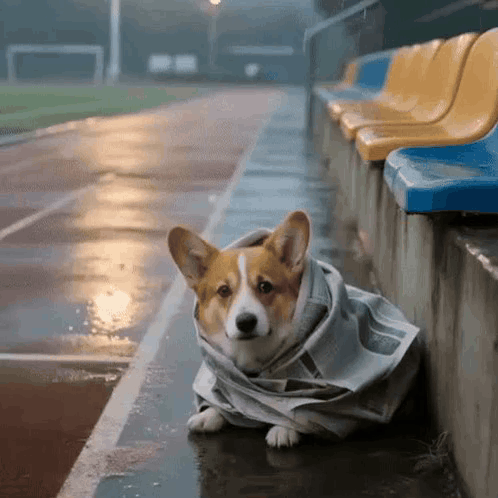 Corgi Wrapped in Newspaper on Rainy Day