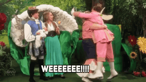 Costumed Group Hugging Saying Weeeee
