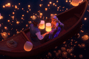 Couple In Boat Surrounded By Floating Lanterns GIF