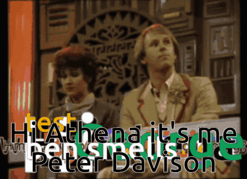 Couple Sitting Next To Each Other Saying Hi Athena It's Me Peter Davison GIF