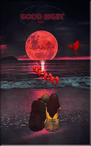 Couple Sitting on Beach at Full Moon