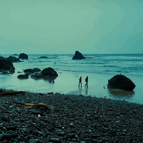 Couple Walking on Rocky Beach Near Ocean