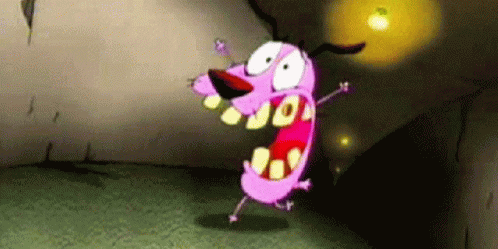 Courage The Cowardly Dog From The Courage The Cowardly Dog Cartoon Is Standing In A Dark Room With His Mouth Open . GIF
