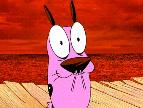 Courage The Cowardly Dog Is Standing On A Dock With A Red Sky In The Background GIF