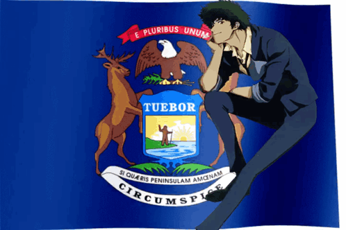 Cowboy Bebop Character Sits on Blue Flag With Tuebor