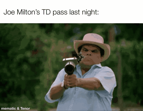 Cowboy Hat Man Pointing Gun Joe Milton's TD Pass Last Night