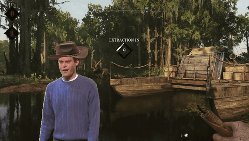 Cowboy Hat Man Standing By River With Extraction Sign GIF