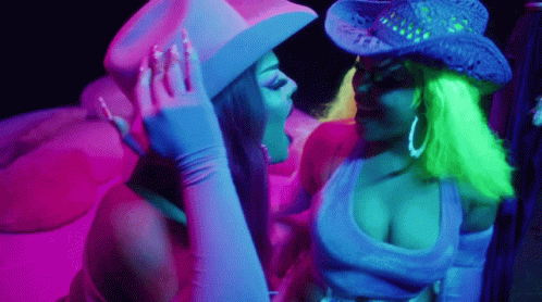 Cowboy Hat Woman Kissing Neon Wig Woman
