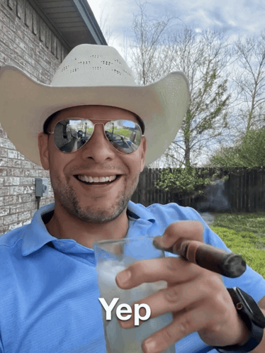 Cowboy In Hat And Sunglasses Holding Glass And Cigar Yep GIF