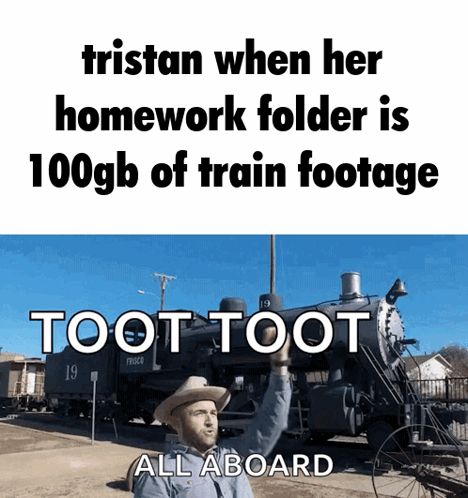 Cowboy Man in Hat Stands By Train Saying Toot Toot