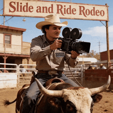 Cowboy Riding Bull Holding Camera at Rodeo Sign
