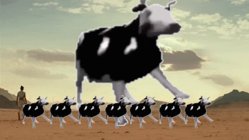 Cows Walking In Line With Giant Cow GIF