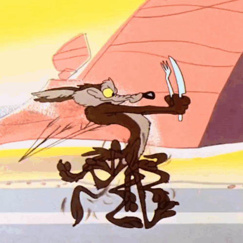 Coyote Holding Knife and Fork in Mouth