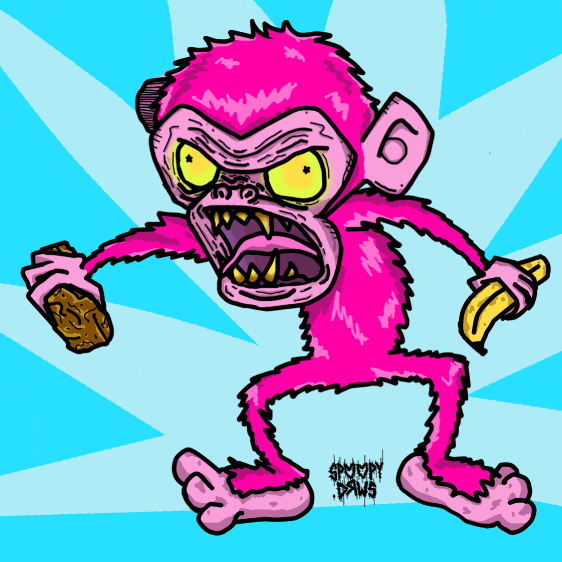 Crazy Pink Chimp Holding Banana And Stone GIF