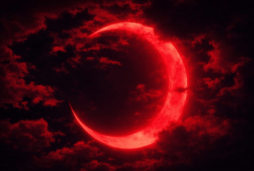Crescent Moon Surrounded by Red Clouds